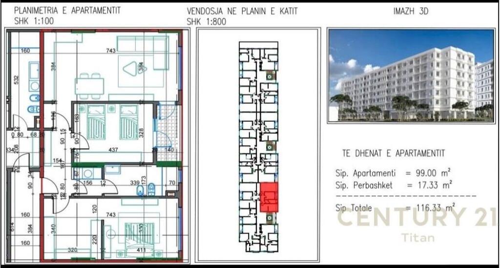 Apartment 2+1 for sale in Kamez 99,000 € Total Area 116m2