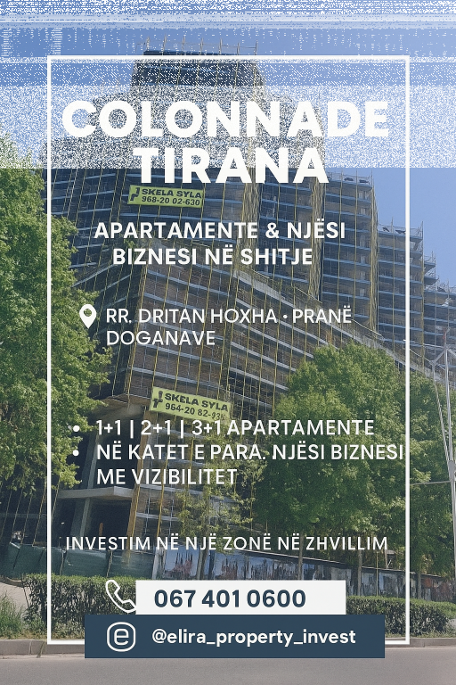 Shitet apartament 2+1 Rezidenca Colonnade, Zogu i Zi, rruga Dritan Hoxha