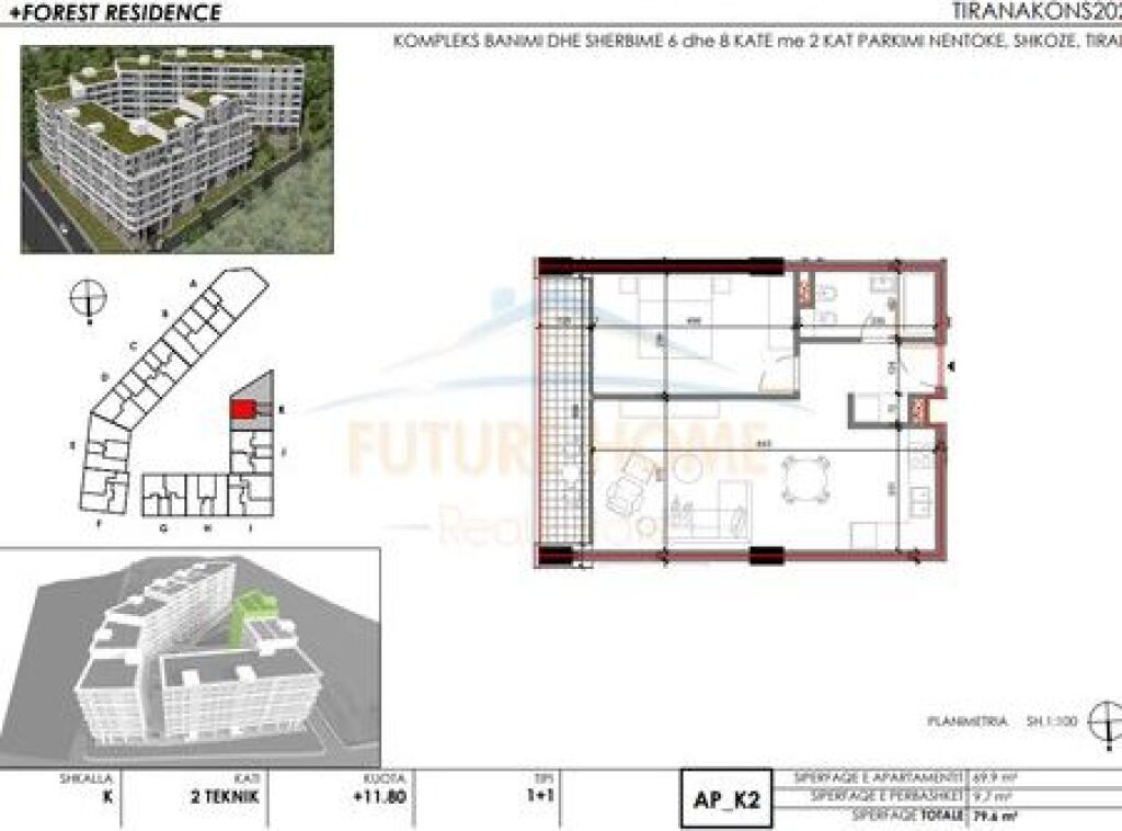 For sale, Apartment 1+1+Parking Space, Forest Residence, Shkoze, Tirana.