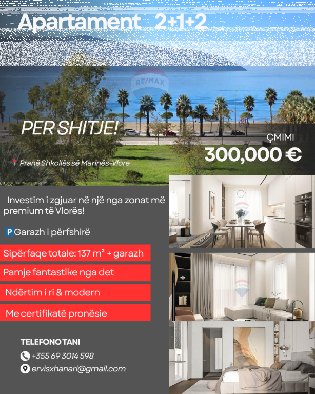 Apartment 2+1+2 for sale, Vlore, near the Marine school