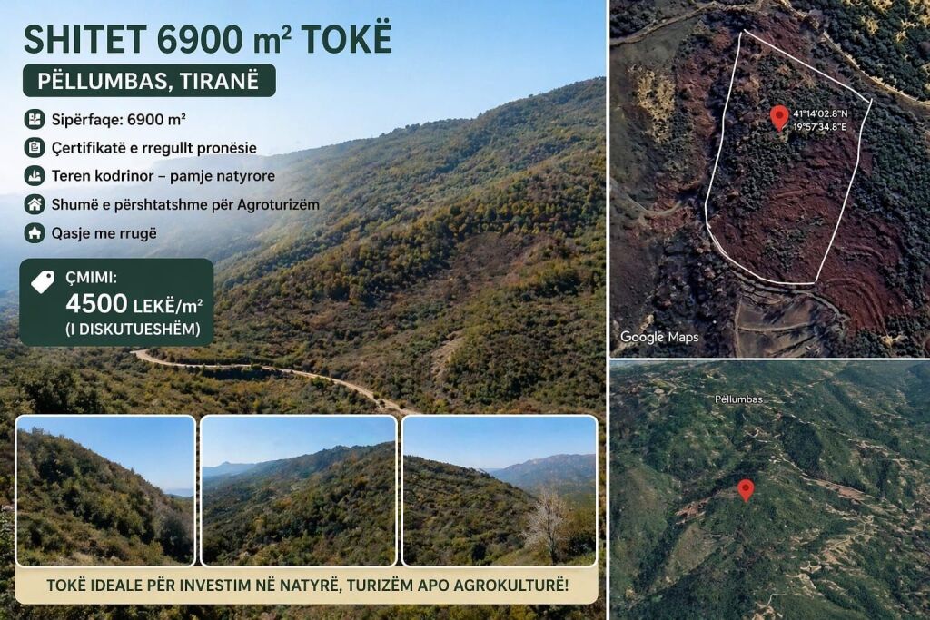 6900 m2 land for sale in Pëllumbas, Tirana !