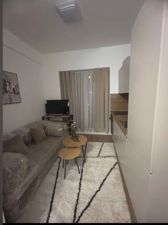 Studio apartment with balcony for rent, newly completed construction, very comfortably furnished and never lived in before. Address: Rezidenca Oxa, Dalip Topi Street, Tirana. Price 300 euro/month.