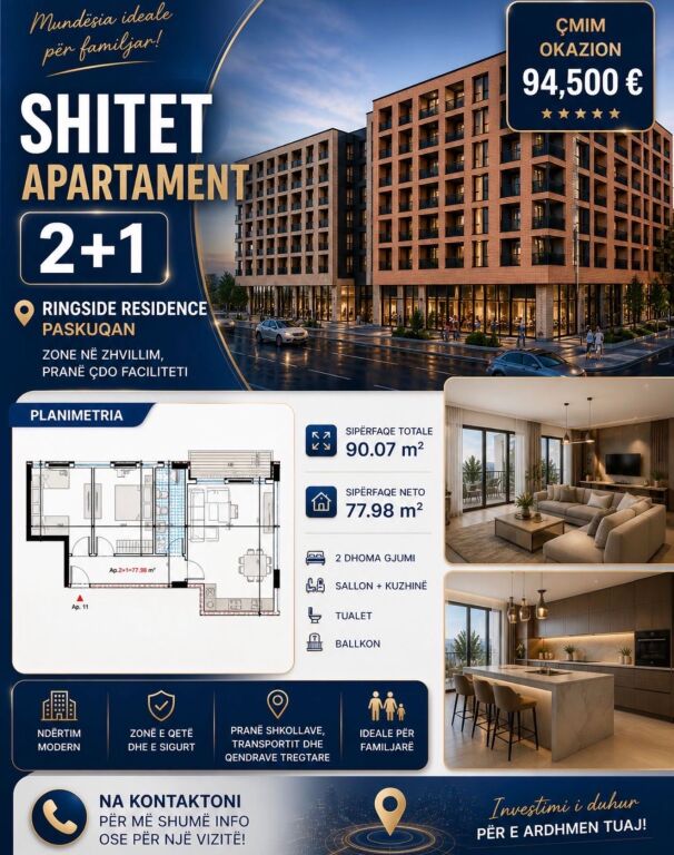 Shitet apartament 2+1 RingSide Residence ,Paskuqan