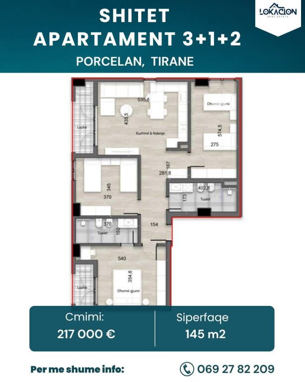 FOR SALE APARTMENT 3+1+2 - PORCELAN, TIRANA