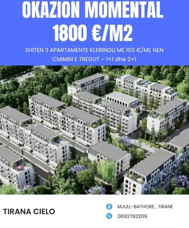 OKAZION ! SHITEN APARTAMENTE NE KOMPLEKSIN TIRANA CIELO 1800 €/M2 - MJULL-BATHORE, TIRANE