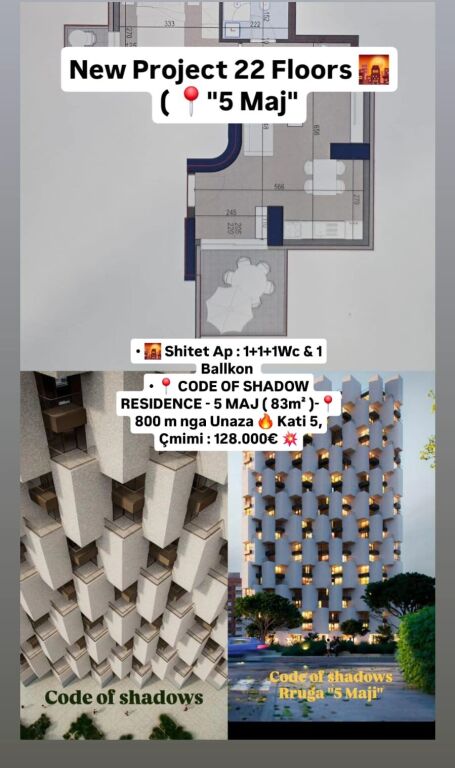 🌇 IN VENDITA: Appartamento 1+1 + 1 Bagno &amp; 1 Balcone 📍CODE OF SHADOW RESIDENCE – 5 MAJ (83 m²) - 📍800 m dalla Tangenziale 🔥 5° Piano | Prezzo: €128.000 💥  