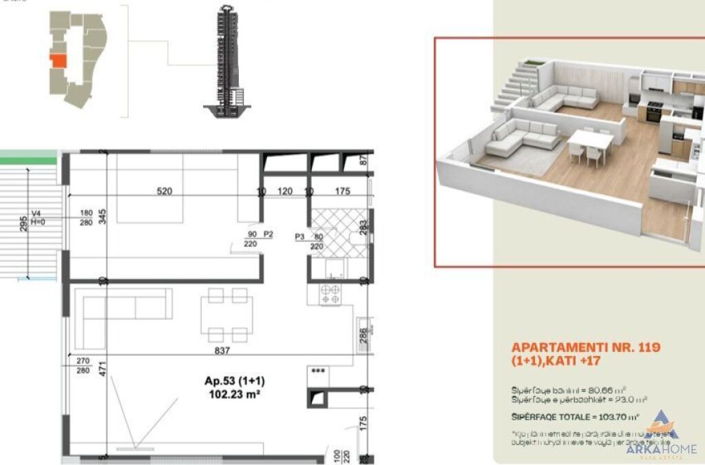 FOR SALE APARTMENT 1+1+BALCONY "THE FORTY FOUR TOWERS, ZOGU I ZI" 238,500 EURO