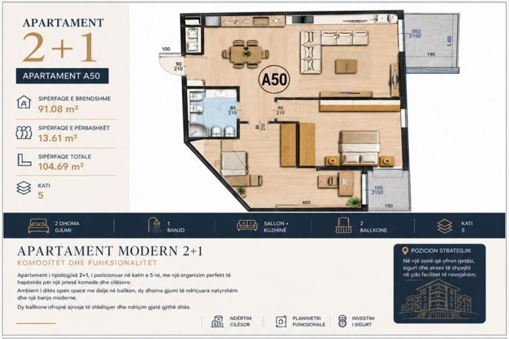 🏡 Appartamento 2+1 in vendita | 104 m² | Residenca Sanel | Paskuqan