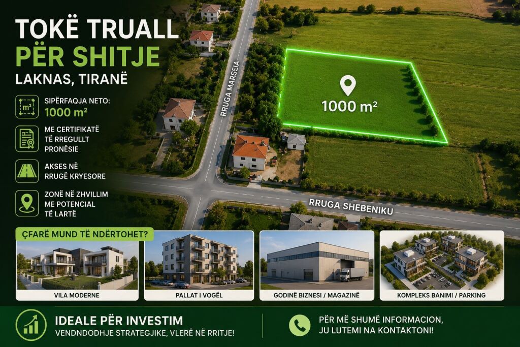 🏡 TOKË TRUALL (ARË) PËR SHITJE – LAKNAS, TIRANË 150.000 Euro