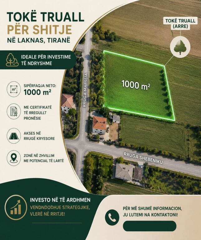 🏡 TOKË TRUALL (ARË) PËR SHITJE – LAKNAS, TIRANË 150.000 Euro