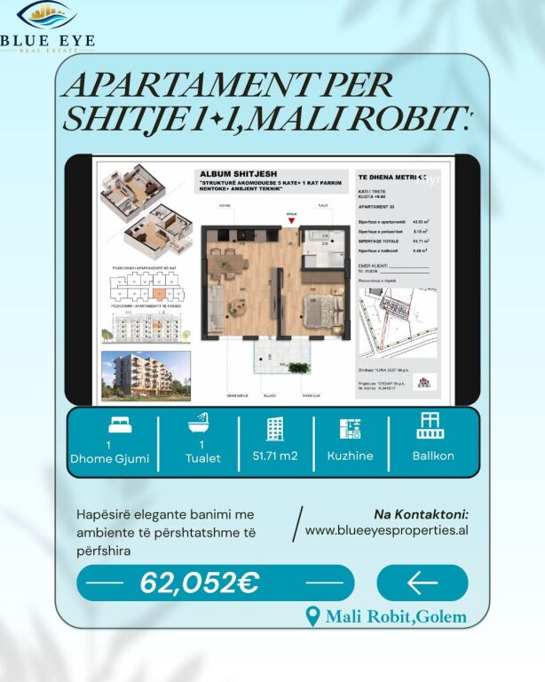 🏡 APARTAMENT 1+1 PËR SHITJE – MALI I ROBIT, GOLEM