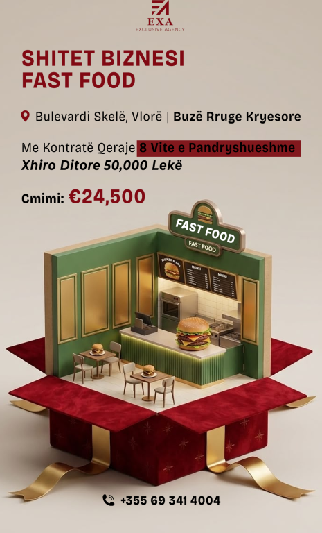 Shitet Biznesi Fast Food - Bulevardi Skele, Vlore, Buze rruge Kryesore| 24,500€