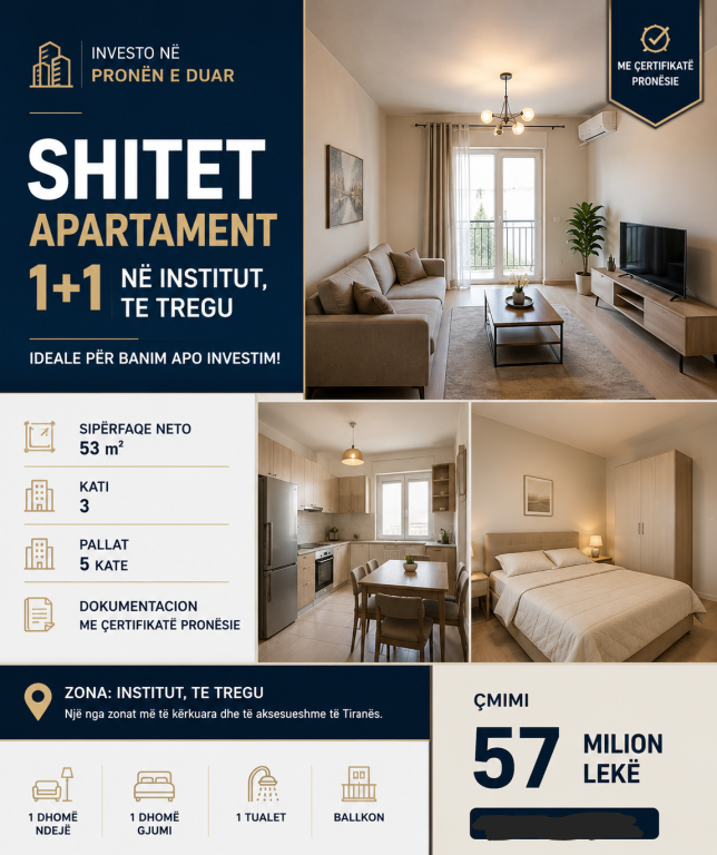 TIRANA! APPARTAMENTO 1+1 IN VENDITA NELL'ISTITUTO AGRICOLO!