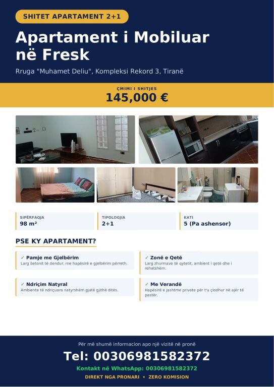 shitet apartament 2+1 në fresk, tiranë