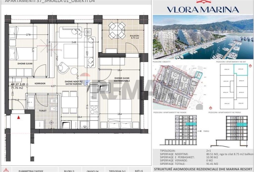 Shitet apartament 2+P te Vlora Marina