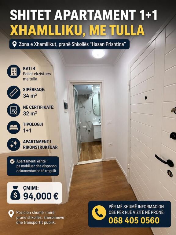 🏡 APARTMENT 1+1 FOR SALE – XHAMLLIKU, WITH BRICKS  📍 Xhamlliku area, near “Hasan Prishtina” School
