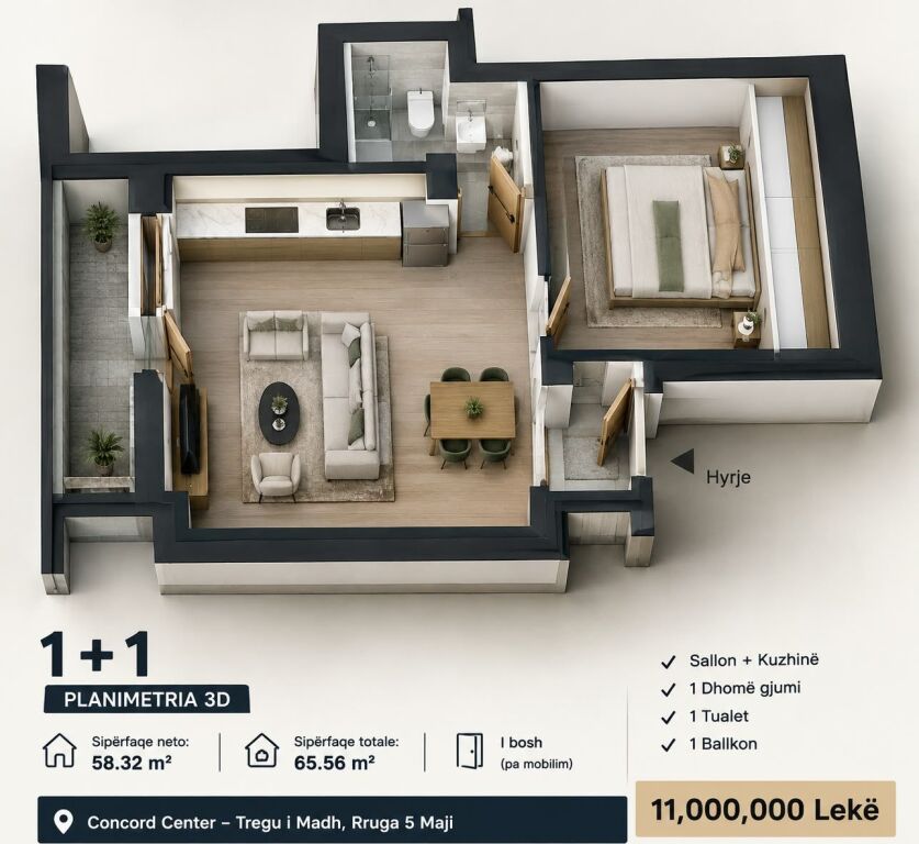 Shitet apartament 1+1 tek Rruga 5 Maji , Concord Center