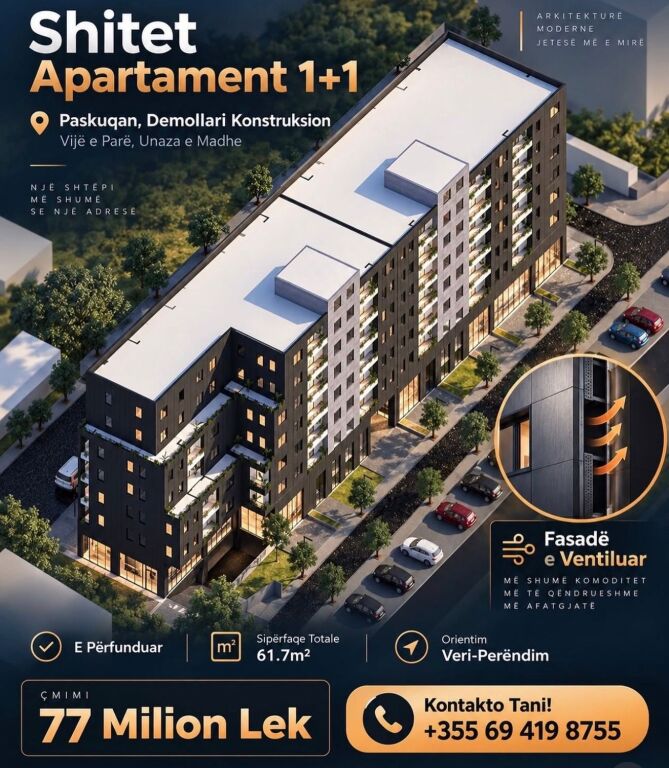 🏡 Shitet Apartament 1+1 - Paskuqan, Demollari Konstruksion
