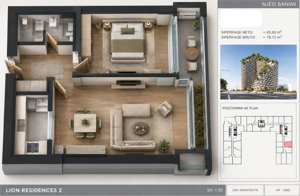 LION 2 apartment 1+1 for sale, 6th floor, 16,000,000 lek
