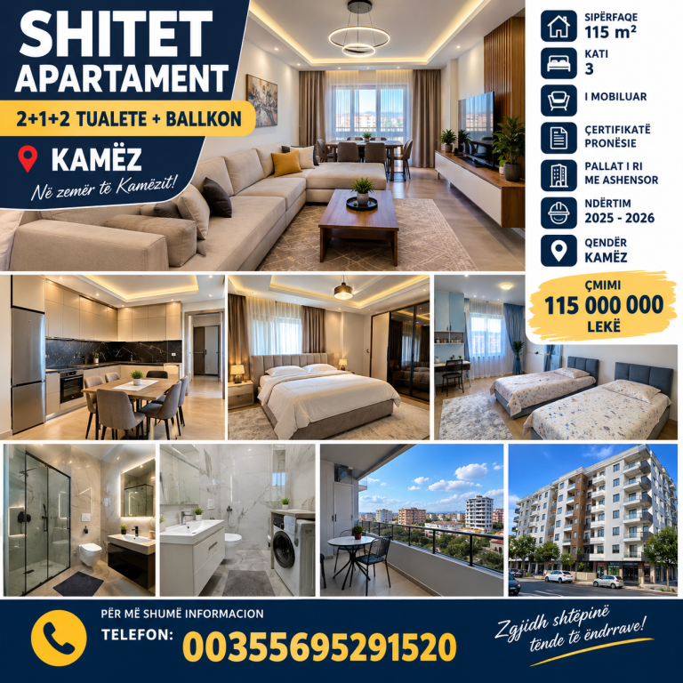 SHITET APARTAMENT 2+1 NË KAMEZ,ME ÇERTIFIKATË PRONËSIE.