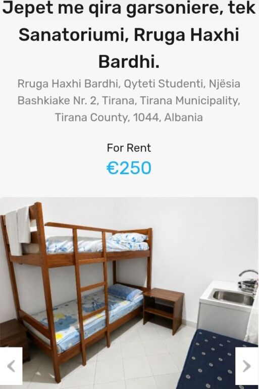 Jepet me qira garsoniere, tek Sanatoriumi, Rruga Haxhi Bardhi.