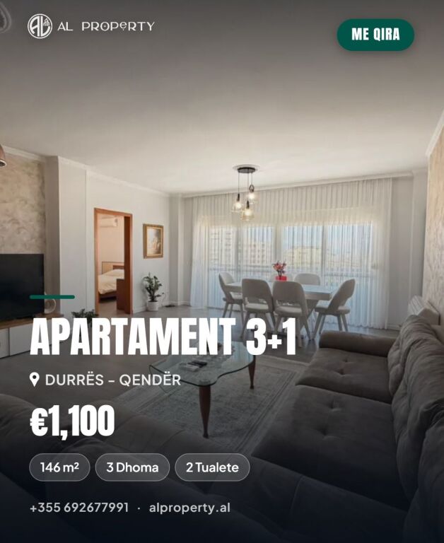 For Rent: Apartment 3+1+2 with storage and 2 balconies – Center, Municipality, Durrës 🏢