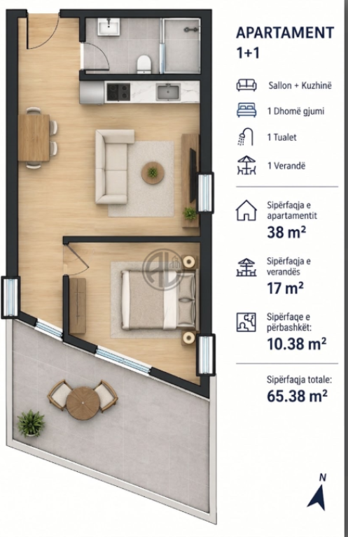 Apartament 1+1 tek Shkembi i Kavajës, 59,000€
