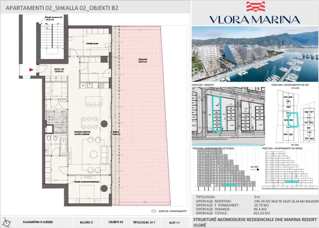 Apartament 3+1, Vlora Marina | Pamje Deti, Tarracë 96 m2
