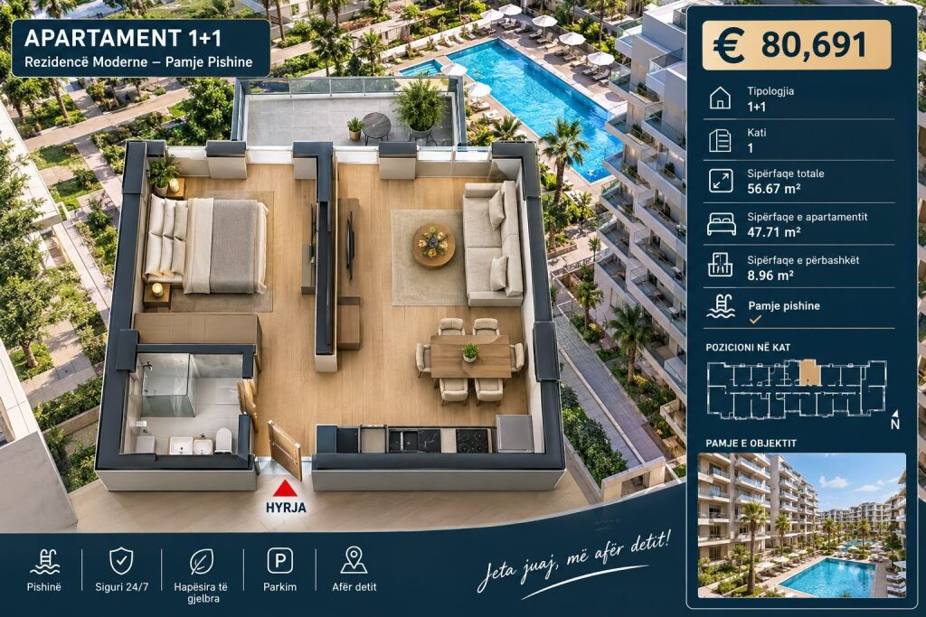 Apartment 1+1 for Sale – Mali i Robit | Pool View 🌴🏊‍♂️