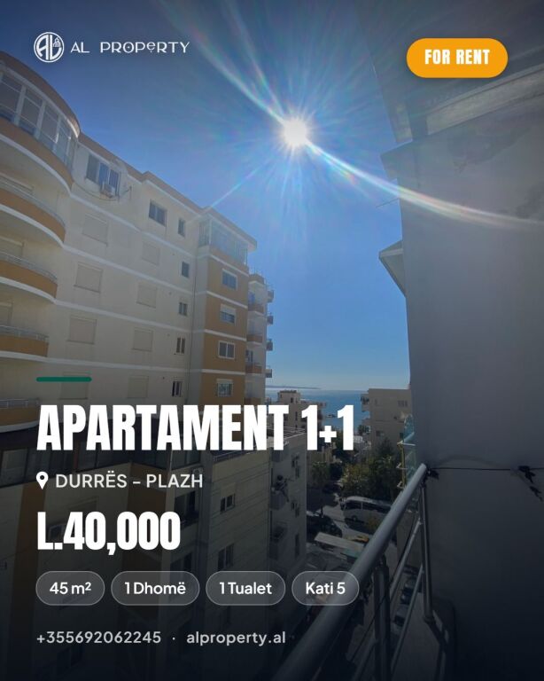 🏠  Apartament 1+1  jepet  me Qira pamje deti , Durres Plazh, 40,000 Lekë/muaj