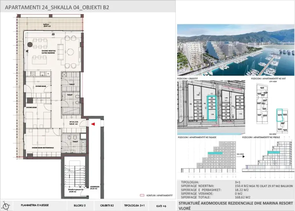 Apartment 3+1 for Sale in Vlora Marina, Building B2, Floor 6