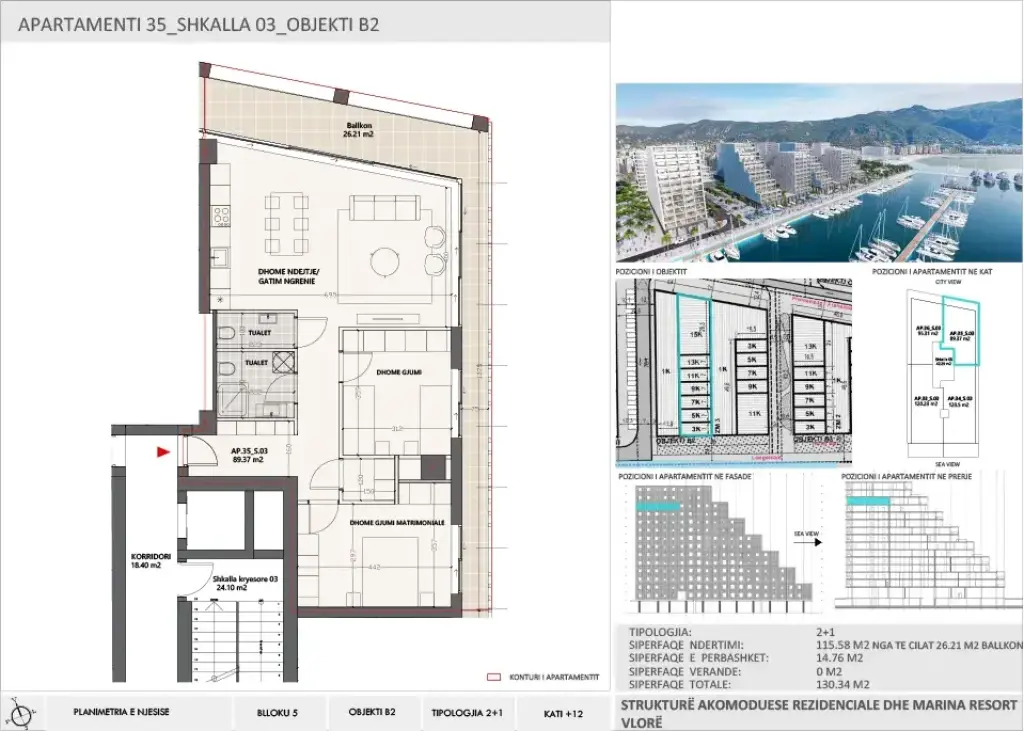 2+1 Apartment for Sale in Vlora Marina, Building B2, Floor 12