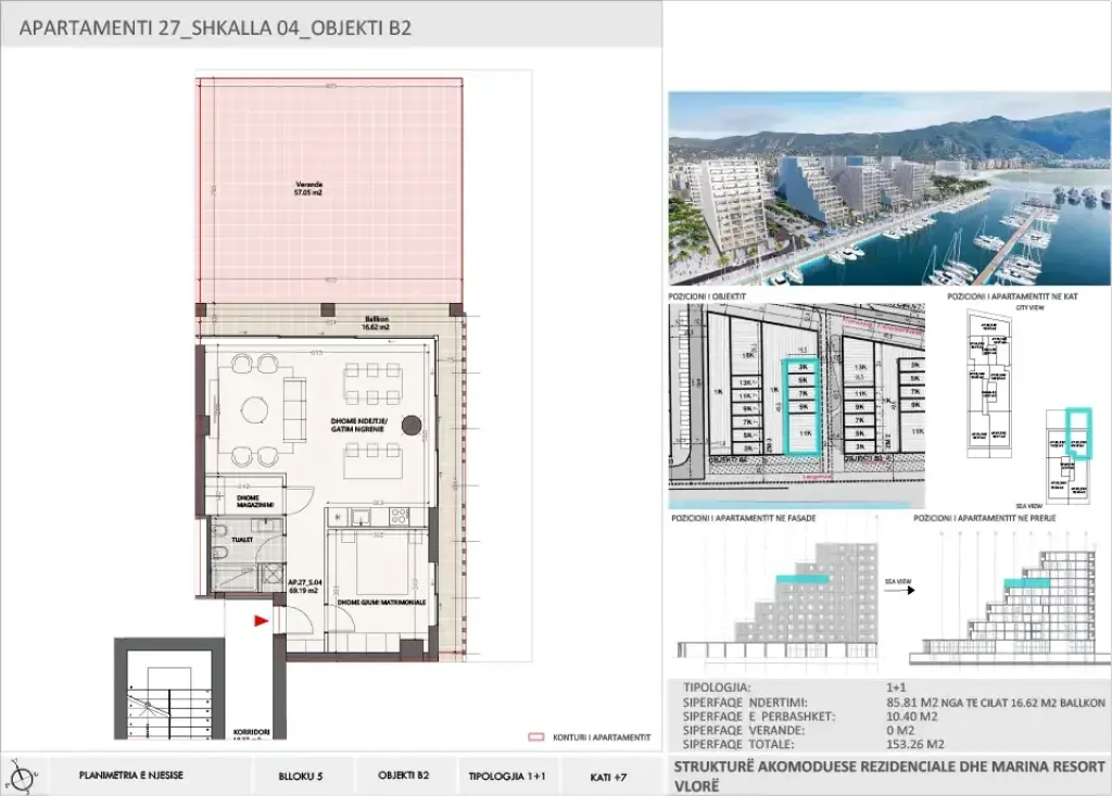 Apartment 1+1 for Sale in Vlora Marina, Building B2, Floor 7
