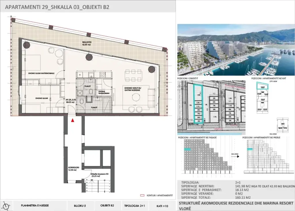 2+1 Apartment for Sale in Vlora Marina, Building B2, Floor 10