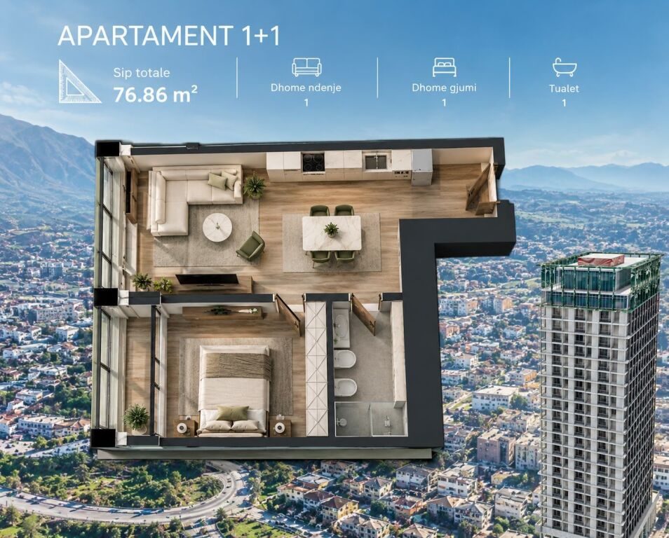 # 🏠 FOR SALE: 1+1 📍 Eterna Residence – Ali Dem (Bajram Curri Boulevard) - €145,000 - 21st Floor (Panoramic View 🌅) - AREA 77m² 🔥 €400/m² Below the Developer’s Price 🔥