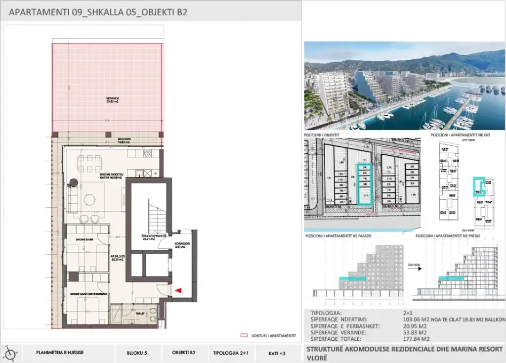 Apartment 2+1 for Sale in Vlora Marina, Building B2, Floor 3