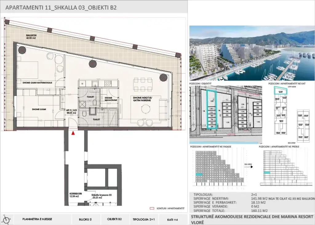 Apartment 2+1 for Sale in Vlora Marina, Building B2, Floor 4