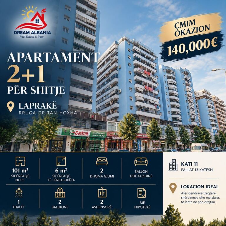 Okazion super apartament 2+1+2 ballkone rruga Dritan Hoxha ne Laprak ID 5731