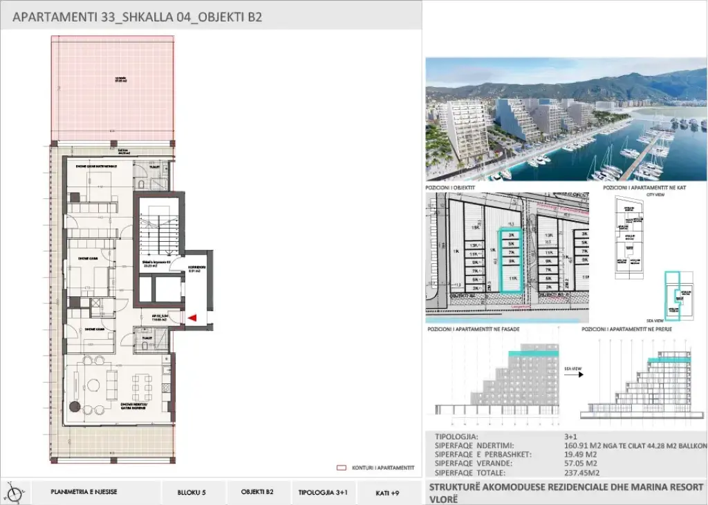 3+1 Apartment for Sale in Vlora Marina, Building B2, Floor 9