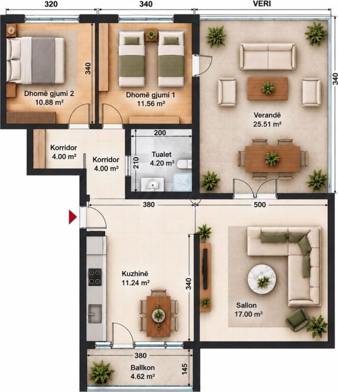 Apartament 2+1 me verandë – Materniteti i Ri, buzë Unazës