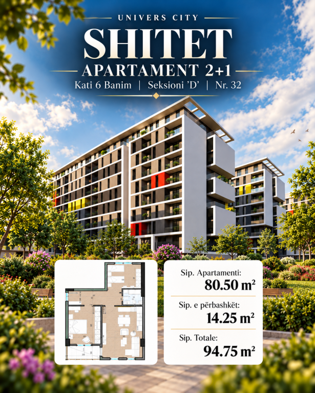 SHITET APARTAMENT 2+1 - UNIVERS CITY , TIRANË