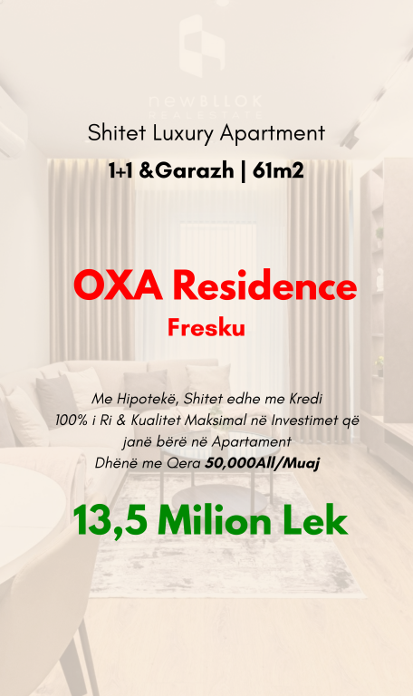 🟤Shitet: ❤️‍🔥Luxury 1+1 + GARAZHD 🅿️ 61m² | K.2 | 📍OXA Residencë - Fresk | Ultra Dizanj 100% i ri | 13,5 Milionë Lekë 🔥