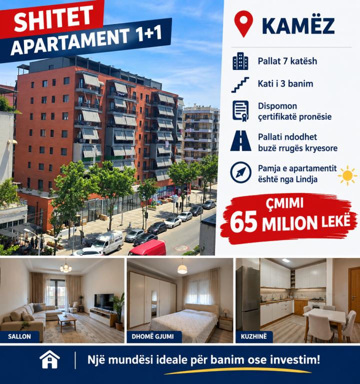 SHITET APARTAMENT 1+1 NË KAMEZ,ME ÇERTIFIKATË PRONËSIE!