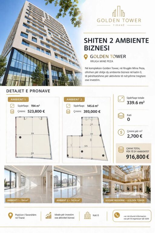 🏢 SHITEN 2 AMBIENTE BIZNESI | GOLDEN TOWER – RRUGA MINE PEZA, TIRANË