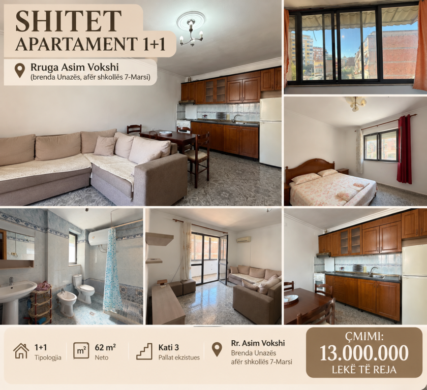 🏡 SHITET APARTAMENT 1+1 – RRUGA ASIM VOKSHI, TIRANË