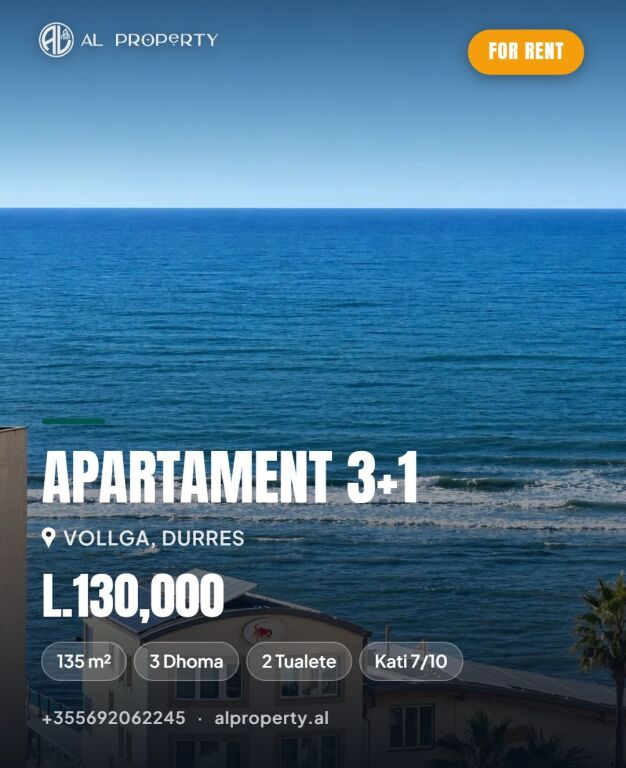 🏠 Apartament 3+1+2 me pamje deti per Qira ne Vollga, Durres