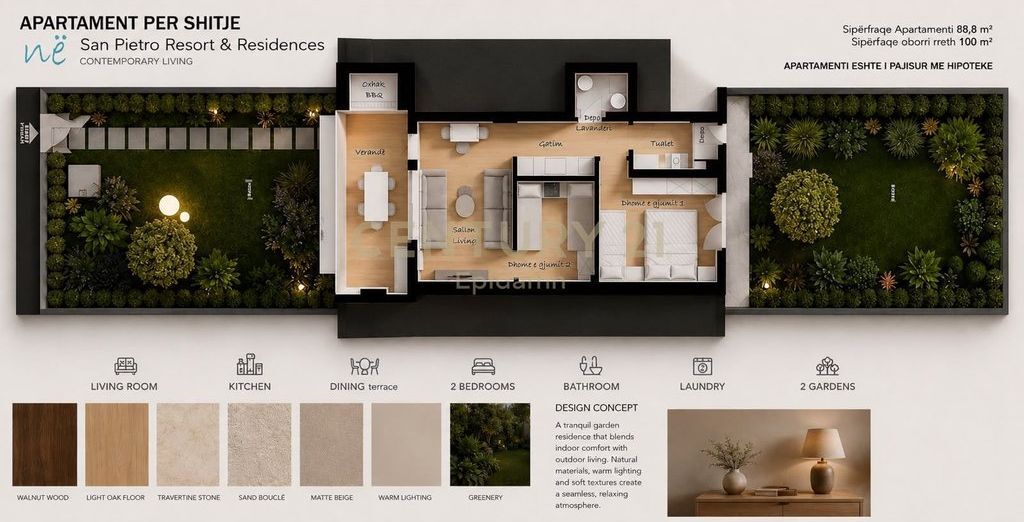 Apartament 2+1 me Oborr Privat për Shitje – San Pietro Residence, Gjiri i Lalzit 325,000 €
