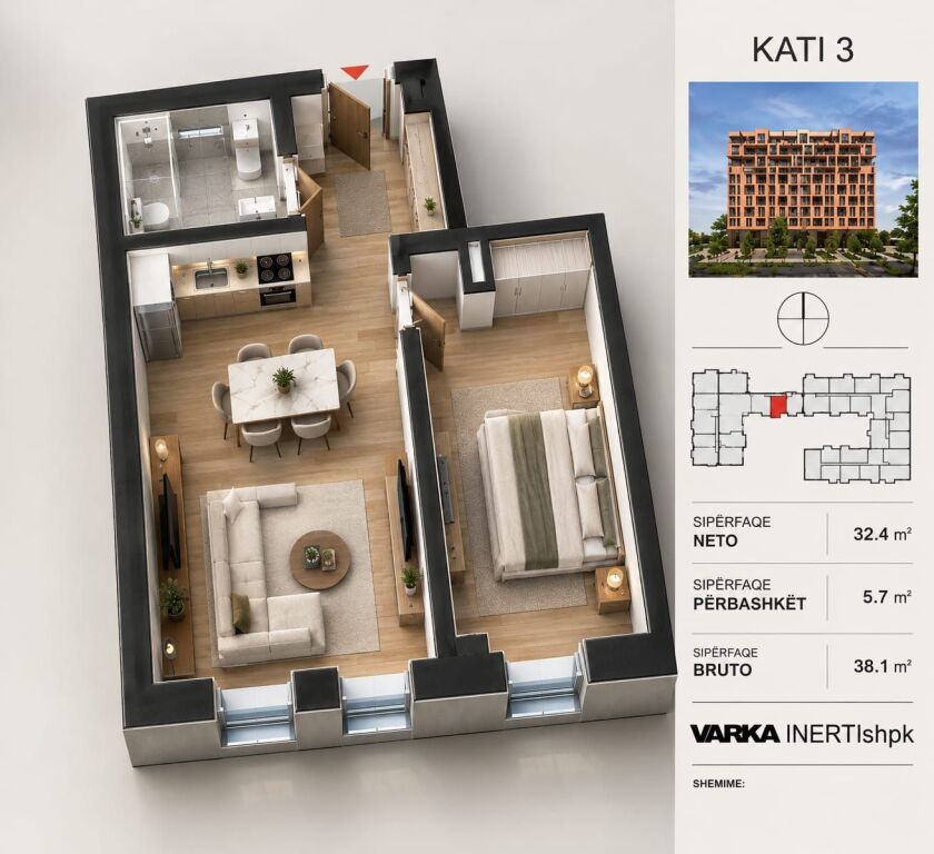 SHITET SUPER OKAZION🔥: 1+1📍5 Maj - Rezidenca Brezaret (Buze Rr. Kryesore) - 61,000€ - KT.3 - SP. 38.1m² - Dorezohet Dhjetor 2027🔑 || Mundesi e arte