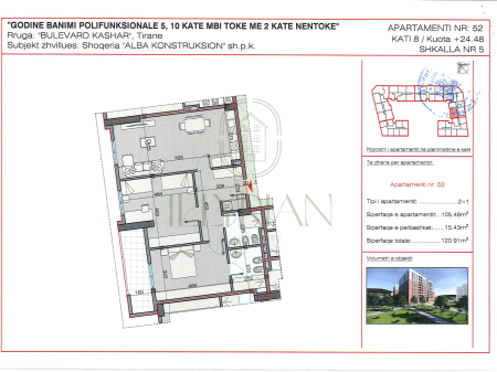 Apartment 2+1 for sale – Kashar Boulevard, Tirana (105.48 m²)