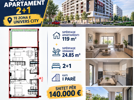 SHITET APARTAMENT 2+1 TE ZONA E UNIVERS CITY,TIRANË